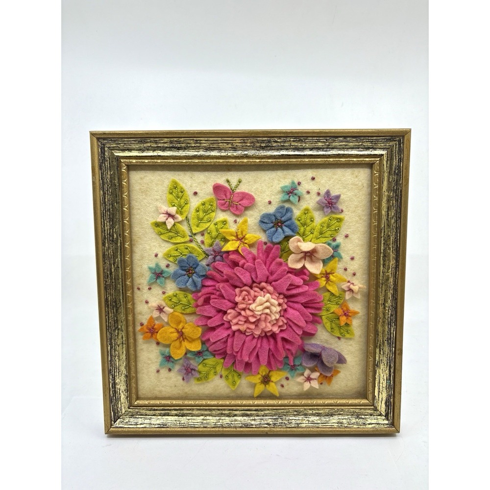 1970s Fabric Flower Colorful Pink Flower Art Framed
